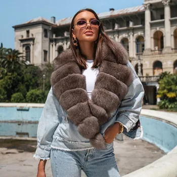 FURSARCAR de Alta Qualidade Real Casacos de Pele de Inverno Mulheres Casacos 2021 de Moda Nova Quente Fox Fur Collar Jean Emenda Casaco Feminino Sobretudo