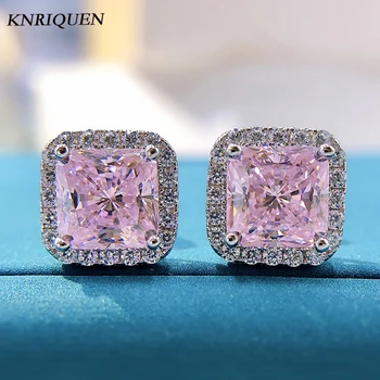 Encantos de Prata 925 7*7mm Topázio Rosa Quartzo com Alto teor de Carbono do Diamante Brincos para Mulheres de pedra preciosa da Orelha de Finas Jóias Presentes