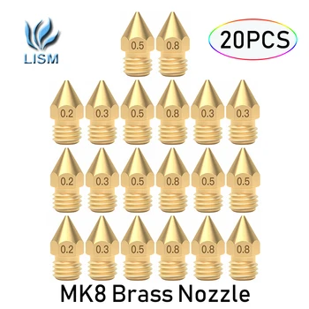 20Pcs MK8 Bicos de Bronze Cabeça Hotend Bico 0.2, 0.3, 0.4, 0.5, 0.6, 0.8, 1.0 mm M6 Rosca para Creality Ender 3/3 Pro/3 V2 Ender 5