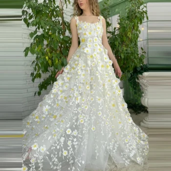 O-pescoço Vestido Floral Off-White Vestidos de Noite 3D Daisy Vestido de Costas Abertas Vestido Longo Com Zíper Andar de Comprimento Vestido de Baile, Com Comboios