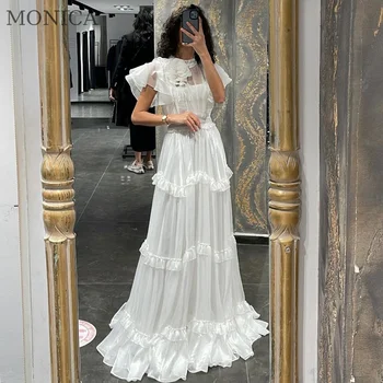 Vintage Branco Vestido de Noiva UMA LINHA Para Mulheres de Gola Alta sem Mangas Flor de Noiva Vestido Andar de Comprimento Tribunal Trem Vestido De Noiva