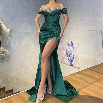 LAYOUT NICEB Profundo Verde Plissado Cetim Bainha Vestidos de Noite 2022 coração Frisado Fenda Lateral Noite de Festa Robe De Soirée Femme