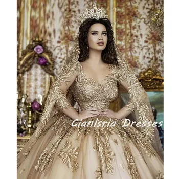 De ouro da Princesa Dubai Bola vestido de Casamento Vestido de Cristal Apliques de Renda Arábia árabe Manga Longa Vestidos de Noiva vestido de noiva