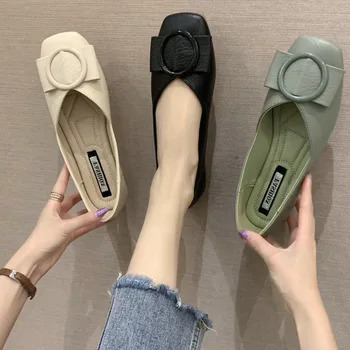 Novo coreano Primavera Apontado Único Calçado Versátil Fivela Quadrada Sapatos femininos Televisão Calcanhar Plano de Fundo Raso Boca Confortável