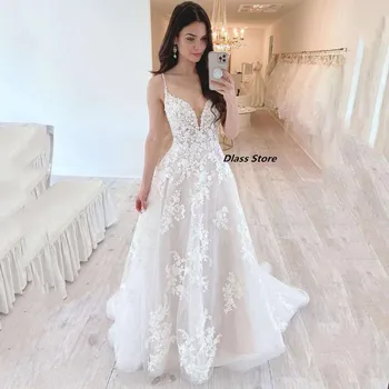 Vintage Vestido De Noiva De Renda Em 2022, Uma Linha De Cintas De Espaguete Zip Volta De Noiva Vestidos De Gola V De Casamento Vestidos De Festa Vestidos De Noiva
