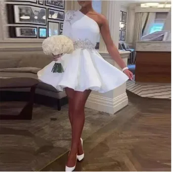 Elegantes Apliques de Lantejoulas Vestidos de Coquetel de Cetim Branco de Um Ombro Formal, Baile, Vestidos na altura do Joelho vestidos de festa