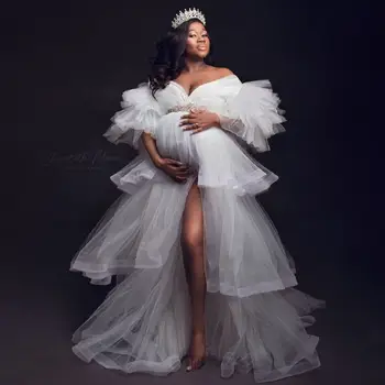 Tule Gravidez Vestido para a sessão de Fotos Sexy Frente Aberta Divisão de Maternidade Vestido de Fotografia com Adereços de cena do Chuveiro de Bebê Veste de Mulher