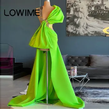 Chique Neon Verde e Ouro, Contraste de Vestidos de Baile, com um Grande laço de Cetim Assimétrico Longo Sexy Vestidos de Baile Mulheres de Vestido de Festa