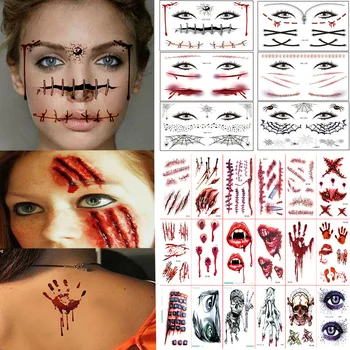 5/10pcs Halloween Sangrenta Ferida Tatuagem Adesivos DIY Simulação Cicatriz Tatuagem de Caveira Sangue Palma de Impressão de Horror Festa de Halloween Decoração