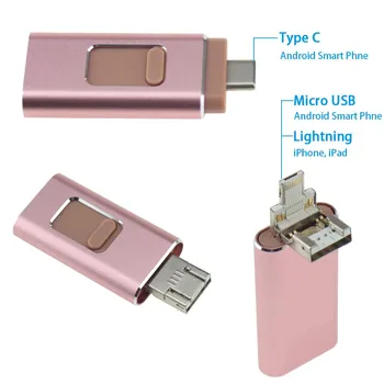 4 em 1 iPhone USB Flash Drive 128GB Pendrive de 256GB OTG cartão de Memória Flash Usb 3.0 Para iPhone, Android Telefone Celular Micro USB Tipo C