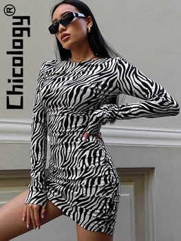 Chicology 2022 Mulheres Zebra Stripe Manga Longa Slim Casual Mini Vestido Sexy Streetwear Férias Y2K Roupas Para o Negócio de Atacado