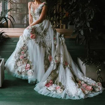 2022 Longos Vestidos de Noiva Totalmente Florais, Vestidos de Noiva Vestidos de Noite Vestidos de Festa 3D Laço de Flores, Vestidos de Baile