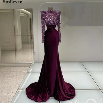 Smileven Roxo Arábia Saudita Sereia Vestidos De Noite Beading Cristal Pregas Vestido De Baile Moderno Vestido De Festa 2023