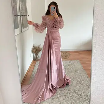 Cor-de-rosa Sereia Vestidos de Baile Glitter V-neck Vestido de Noite 2023 Puff Luva de Alta Dividir a Arábia saudita Cocktail de Plus Size Vestido de Noite