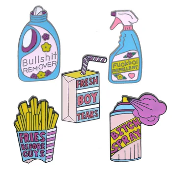 Pinos de lavandaria garrafa de detergente emblema detergente gota de óleo broche de batatas fritas esmalte broche de vestuário, acessórios saco de vestir