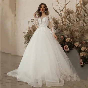 No Zhu Marfim Princesa Vestidos de Noiva de Manga Longa Apliques de Laço de Tule Boho Vestido de Noiva vestidos de noiva 2023 свадебное платье