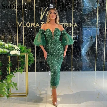 SoDigne Chá Verde Comprimento De Sereia De Noite Formal, Os Vestidos De Mangas Curtas 2023 V Pescoço Vestidos De Baile Dubai Ocasião Vestido De Festa