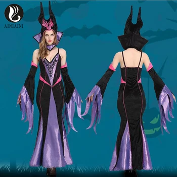 Sexy Bruxa Trajes Deguisement Retro Misterioso Halloween Fantasias Femininas Roxo Zíper Longsleeves Dirndl Rápida Venda T1066