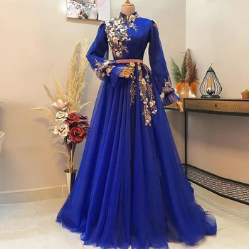 Azul Royal Muçulmano Vestidos De Noite Apliques De Contas Ruched Vestido Formal Gola Alta, Manga Comprida Festa De Ocasião Especial Veste