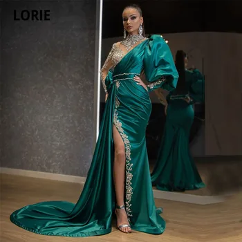 LORIE árabe Noite Vestidos de Gola Alta Frisado com Strass do Lado de Divisão de Cetim de Manga Longa Verde Dubai Vestido de Baile Vestido de Festa