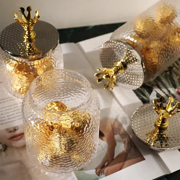 Coroa de ouro Cristal Frascos de Vidro com Tampas Nórdicos Moderno Martelo Textura Dourada Cobrir Doces Lanches Jar Casa Decoração Sala de estar