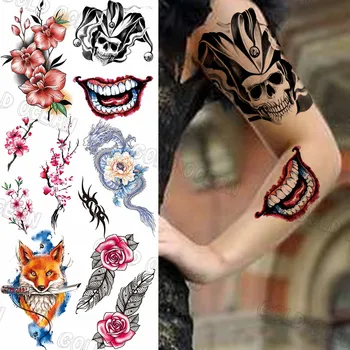 Boca Do Palhaço Halloween Tatuagens Temporárias Para As Mulheres, Homens Realistas Fox Flor De Rosa Dragão Falso Etiqueta Da Tatuagem Sexy Braço Do Corpo Tatoos
