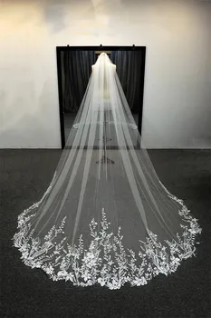 espumante Branco Marfim Longos Véus de Noiva Véu de Noiva Apliques de Renda Soft Net Catedral Véu velos de noiva em voile de mariée