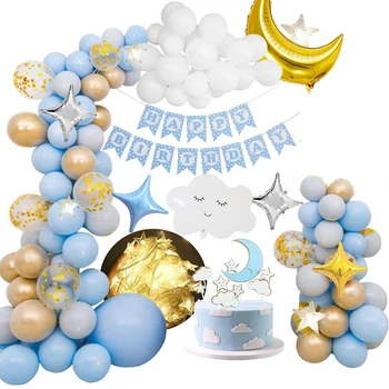 65pcs/Set Céu Azul Tema de Festa de Aniversário, Decorações de Crianças Menino de Aniversário da Menina Banner Nuvem de Balão Com Luz de 1º Aniversário de Suprimentos