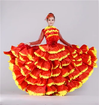 Mulheres de vestidos de Flamenco espanhol Judeu, Cigano, Grande Saia Retrô Elegante Festa de Casamento Vestidos Modernos Pétala de Babados Floral Traje