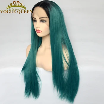Vogue Rainha Verde Esmeralda Sintética Lace Front Wig Com Preto Raiz Longa Reta Resistentes Ao Calor, A Fibra De Cosplay Peruca Para Mulheres