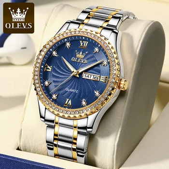 OLEVS Mens Relógios as melhores marcas de Luxo do Diamante relógios de Quartzo Moda Mostrador Azul Calendário de Semana Luminoso do Relógio à prova d'água Para os Homens 5565