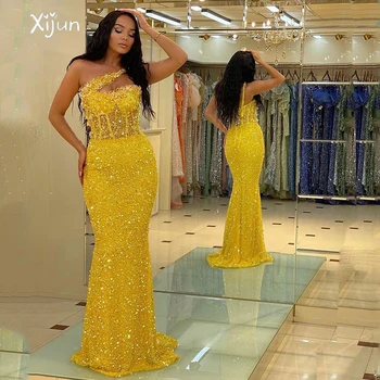 Xijun Amarelo Sequin Sereia Vestido De Noite De Perolização Um Ombro Longos Vestidos De Baile Arábia Saudita Formal Vestido De Festa Para As Mulheres 2023
