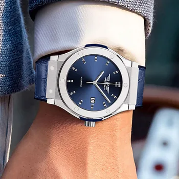 2022 Nova Moda de Couro Azul dos Homens Relógio Mecânico Automático Marca de Luxo Casual Impermeável Luminosa Wirstwatch