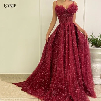 LORIE Claret-Red Dot Formal, Baile, Vestidos de Flores em 3D Duabai Cintas de Espaguete, Uma Linha de Vestidos de Noite Princesa Vestido de Festa de Formatura