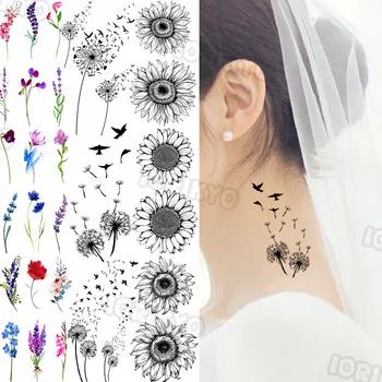 Dente-de-leão Temporária de Tatuagens Pequenas Para Mulheres Meninas Realista Sol de Flor de Lavanda Falso Etiqueta da Tatuagem de Casamento Pescoço, Braço Tatuagens de DIY