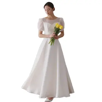 Vestidos de noiva Simples de Organza de Manga Curta Vestido de Casamento A-linha de Tornozelo Comprimento Vestido de Noiva Feito