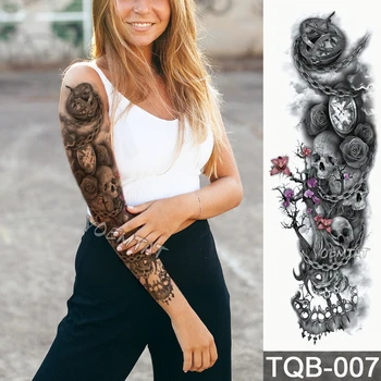 Novo 1 Pedaço Da Etiqueta Temporária Tatuagem De Caveira De Relógio Rosa Teste Padrão De Flor Plena Flor Da Tatuagem Do Braço Com O Corpo Art Grandes Fake Tattoo