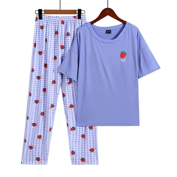 Verão Pijama Conjunto de Pijama de Manga Curta Cartoon Impressão de Frutas Pijamas Loungewear Conjunto para Mulheres com Calças compridas de Ajuste Solto