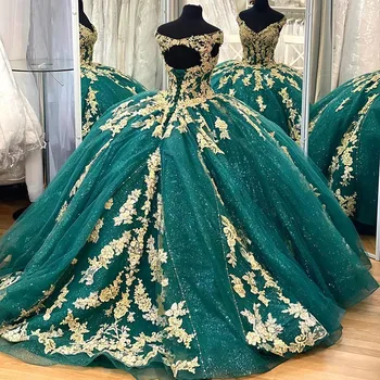 Hunter Verde Princesa Vestidos de Quinceanera Off Ombro Vestido de baile Sweet 16 Vestido de Ouro Laço de vestidos de 15 anos