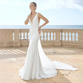 Furtanseo Simples Vestido De Noiva 2023 Novo Estilo Sexy Profundo Decote Em V Sem Mangas De Vestidos De Noiva Com Laço Branco Jersey Vestidos De Noiva