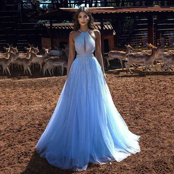 2021 Moda Azul Halter Pescoço Glitter Vestido De Noite Aline Sexy Sem Encosto Festa Formal Vestidos De Noite Vestidos De Baile
