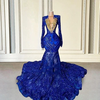 Azul Royal Lantejoulas Sereia Vestidos de Baile 2023 Luxo para a Menina Negra Contas de Ouro Longa Luva das Mulheres Vestido de Noite Formal para o Casamento