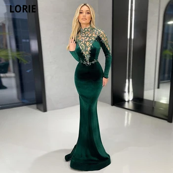 LORIE Marroquino Caftan Vestido de Noite de Ouro Apliques de Renda Manga Royal Verde Sereia Veludo árabe Vestidos de Baile Vestido de Festa