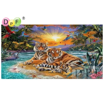 DPF três tigres sob o sol de padrão de bordado de diamante diamondpainting ponto de cruz, completa praça de diamante artesanato decoração