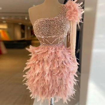 2023-de-Rosa Penas Beading Vestidos de Cocktail Mini Vestido de Baile Curta para Meninas de Um Ombro Brilho Borlas Vestidos de Noite