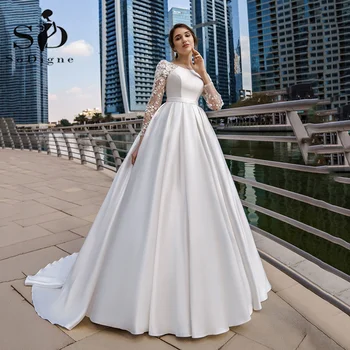 SoDigne Dubai Modesto Vestidos De Noiva De Renda Manga Longa De Cetim Vestido De Noiva Com Cinto De Mulheres Elegantes Vestidos De Festa De Casamento