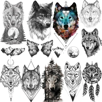 Feroz Lobo Tatuagens Temporárias Para Os Homens Realistas Coyote Geométricas Tatoo Montanha Dreamcatcher Floresta Fake Tattoo Impermeável