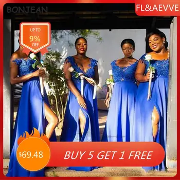 2023 Azul Royal Vestidos De Dama De Honra De Uma Linha De Apliques De Renda Sem Mangas Laterais De Divisão Sul-Africana Da Dama De Honra Vestido De Preto Vestido De Meninas