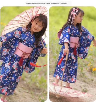 Estilo japonês para Crianças Quimono Yukata Meninas Manto Traje Com Correspondência de Cintura Selo de Véu de Poliéster Impresso Roupas ZL899