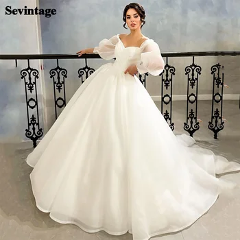 Sevintage Branco Vestidos De Noiva Simples, Mangas Puff De Uma Linha-Namorada De Vestidos De Casamento Vestido De Noiva Boho